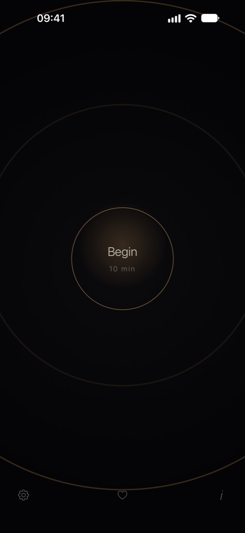 The start screen: a Begin button inside slow rings, set to ten minutes.